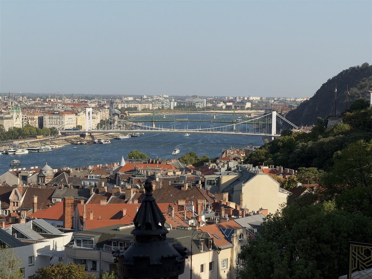 Panoramic view of the Danube River and Pest skyline seen from the Fisherman's Bastion on Castle Hill, Budapest
